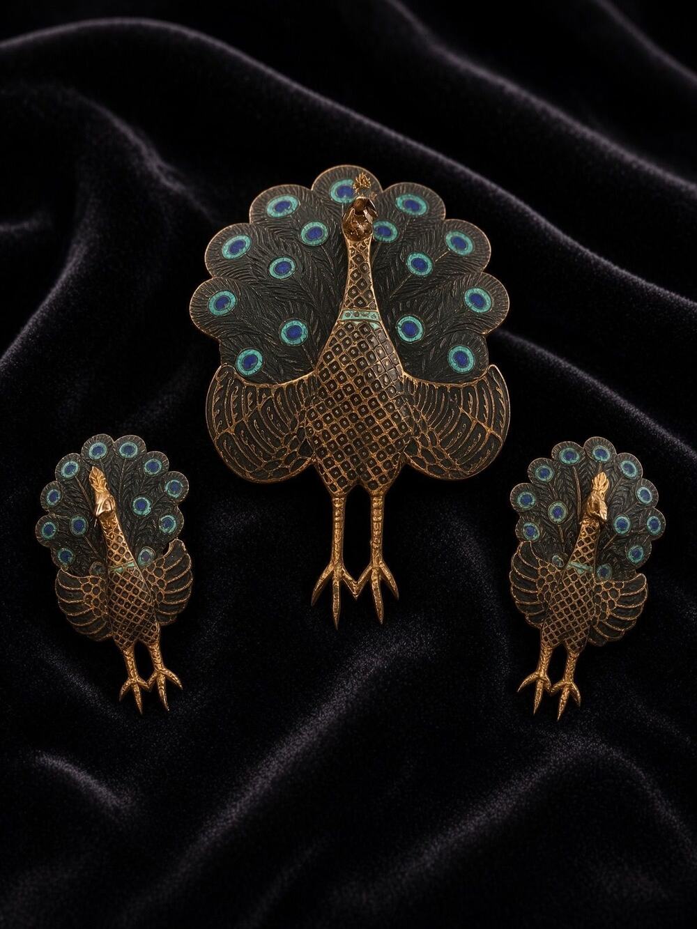 Vintage Siam Niello Peacock demi-parure Sterling set
